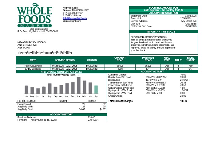 USA Whole Foods Market business utility bill template in Word and PDF formats